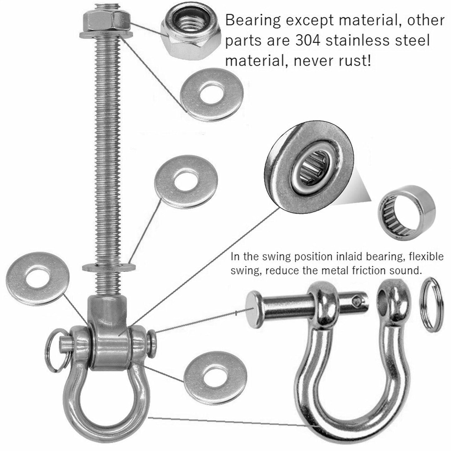 Dakzhou 4 Heavy Duty Bearing Swing Hanger Permanent Anti-Rust (10mm) 180° Swing, 1500 LB, Wood Beam sandbag Yoga Swing Hammock Chair