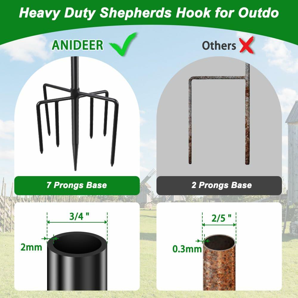 ANIDEER 72" Shepherds Hooks for Outdoor, Heavy Duty Bird Feeder Pole with 7 Base Prongs, Adjustable Garden Hanging Holder for Bird Feeders, Solar Light Lanterns, Garden Plant Hanger Stands, 2 Packs