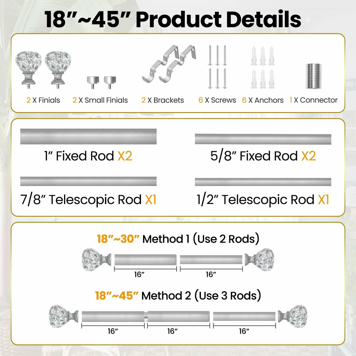 Silver Double Curtain Rod for Windows 28 to 48 Inch: Double Window Treatment Curtain Rod Heavy Duty Adjustable from28 to 48 Inch - Silver Foil Resin Finials and Double Curtain Rod