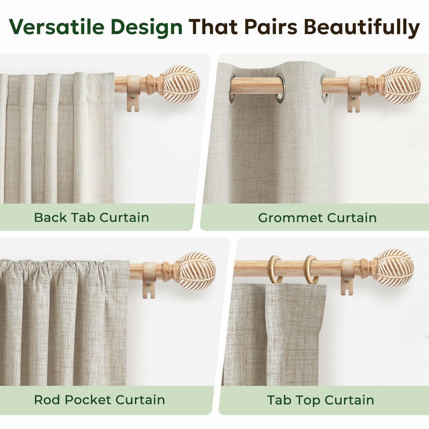 Zeerobee Wood Curtain Rods for Windows 66 to 120, 1 Inch Heavy Duty Drapery Rods with Imitation Wood Grain Leaf Pattern Finials, Indoor/Outdoor Modern Curtain Pole, 32"-120", Brown