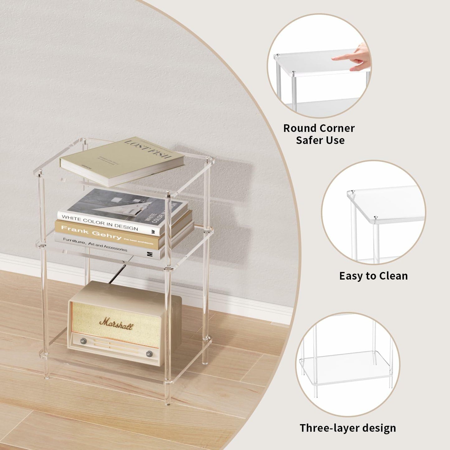 Giznzg Acrylic Side Tables with 3 Shelve,Bedside Table Clear Nightstand for Bedroom Modern End Table for Living Room, Sofa Table, Side Table 15.7" L x11.8 Wx 23.6" H