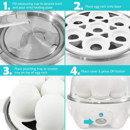 Elite Gourmet EGC-007## Rapid Egg Cooker, 7 Easy-To-Peel, Hard, Medium, Soft Boiled Eggs, Poacher, Omelet Maker, Auto Shut-Off, Alarm, 16-Recipe Booklet, White