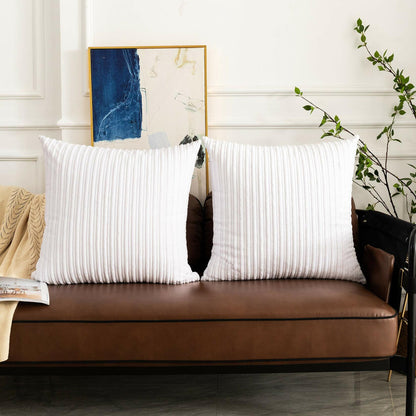 UGASA Corduroy Striped Soft Soild Decorative Square Throw Pillow Covers Set Cushion Cases Pillowcases for Sofa Bedroom, 2 Pcs, 24x24inch, Pure White