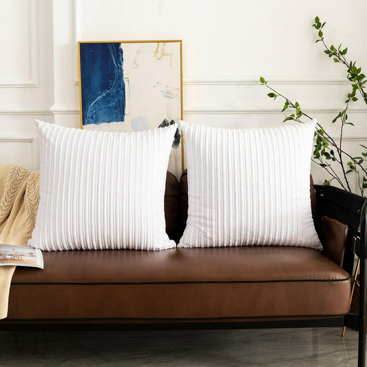 UGASA Corduroy Striped Soft Soild Decorative Square Throw Pillow Covers Set Cushion Cases Pillowcases for Sofa Bedroom, 2 Pcs, 24x24inch, Pure White