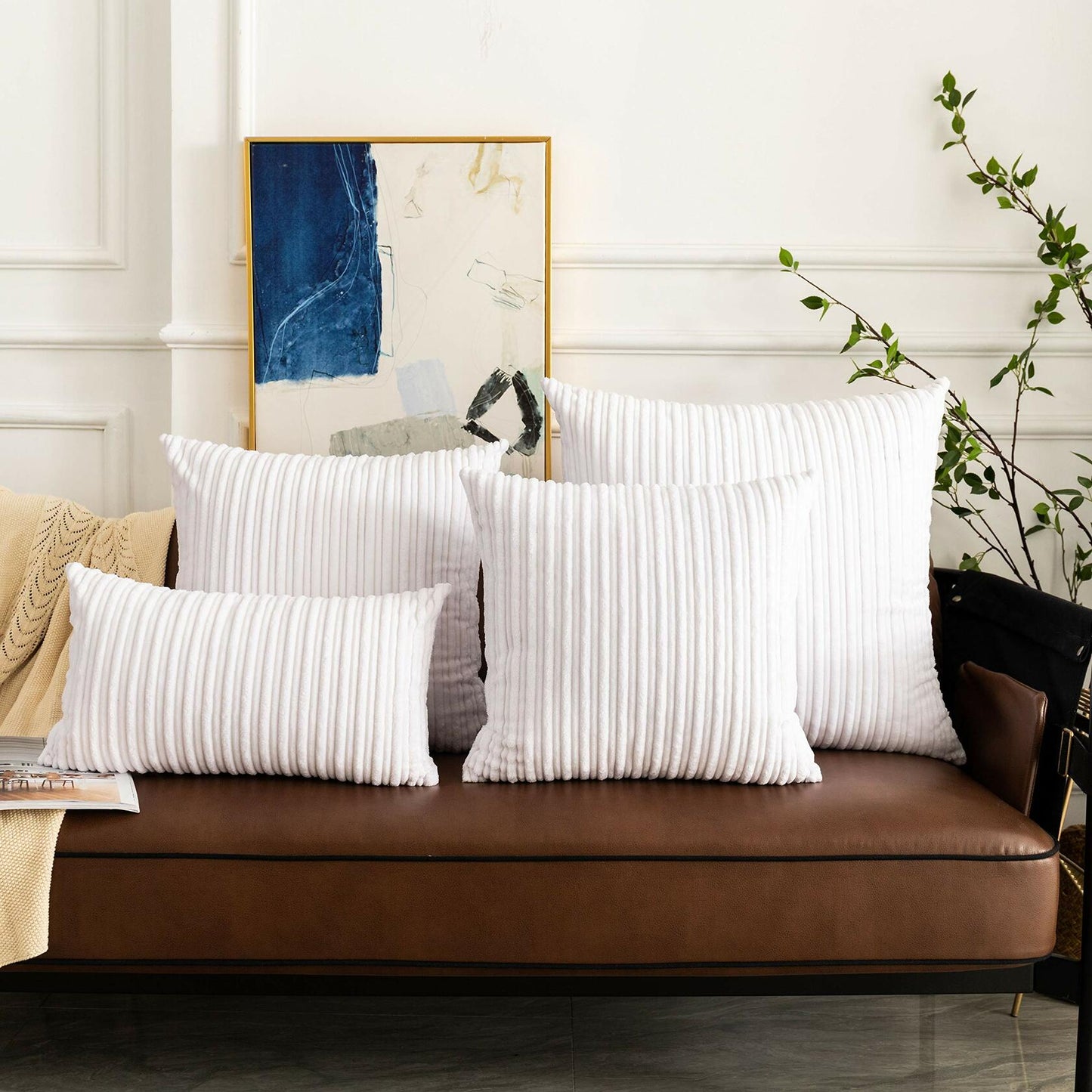 UGASA Corduroy Striped Soft Soild Decorative Square Throw Pillow Covers Set Cushion Cases Pillowcases for Sofa Bedroom, 2 Pcs, 24x24inch, Pure White