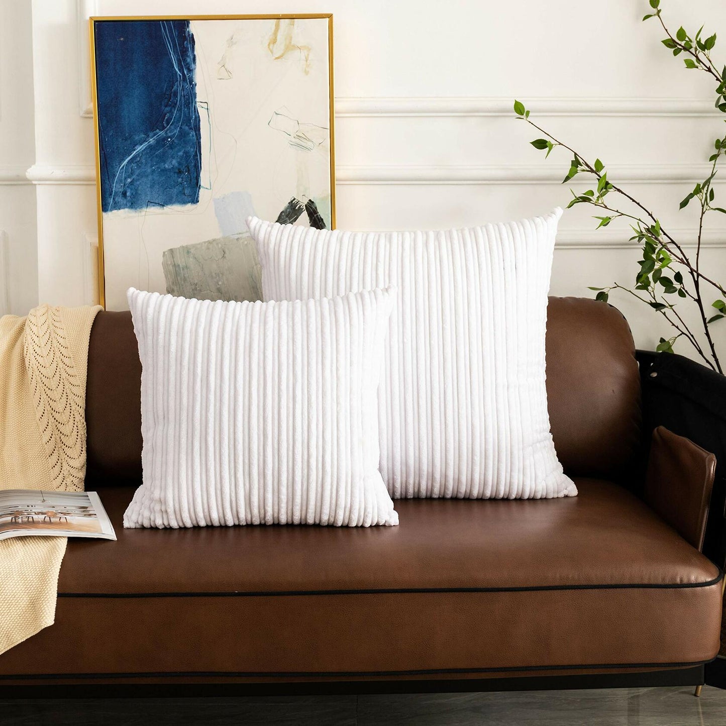 UGASA Corduroy Striped Soft Soild Decorative Square Throw Pillow Covers Set Cushion Cases Pillowcases for Sofa Bedroom, 2 Pcs, 24x24inch, Pure White