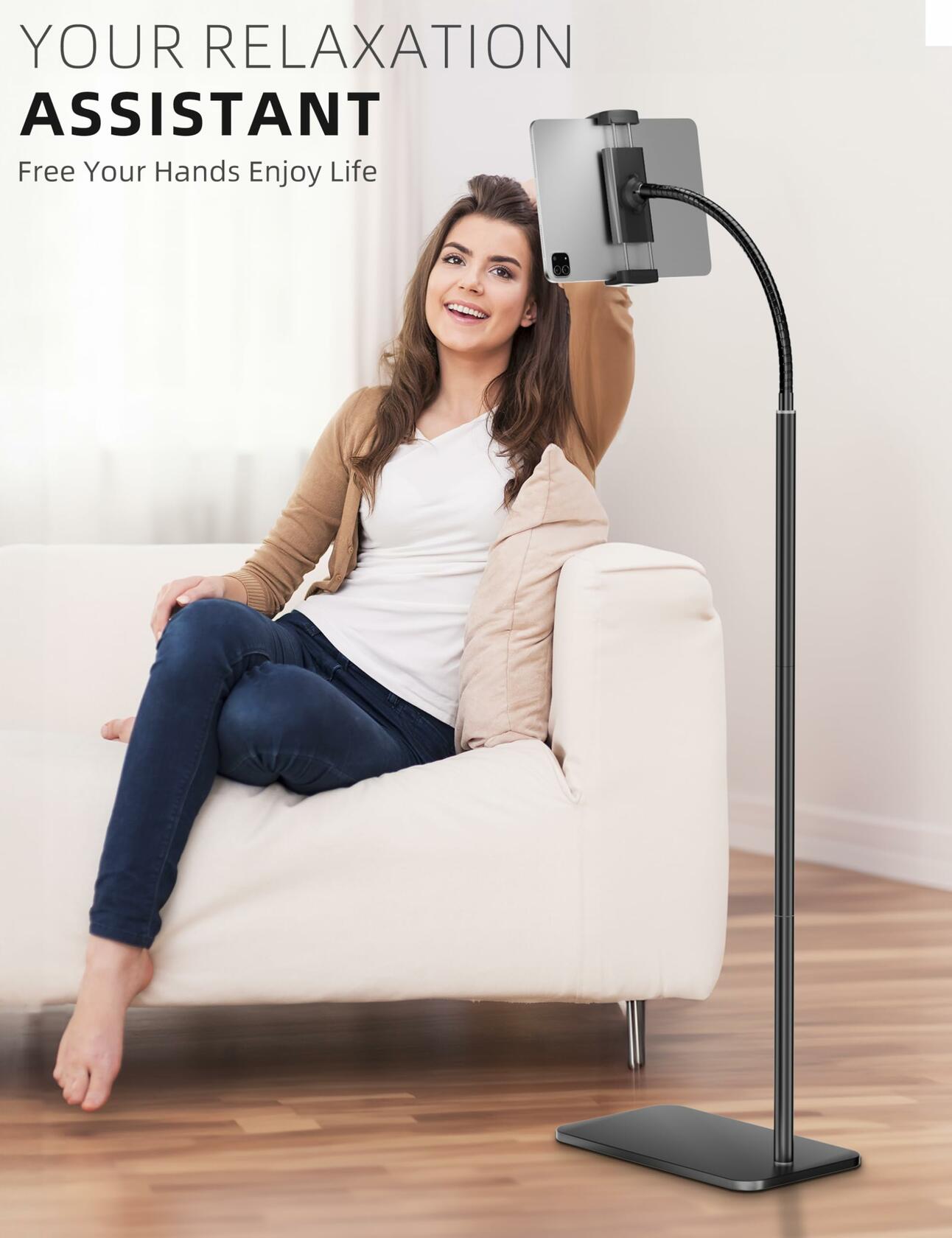 LanPavilion iPad Stand, Adjustable Tablet Floor Stand Metal Tablet Holder with Flexible Gooseneck, Compatible with iPad, Kindle, and Cell Phones (4.7''-13''), Ideal for Hands-Free Use