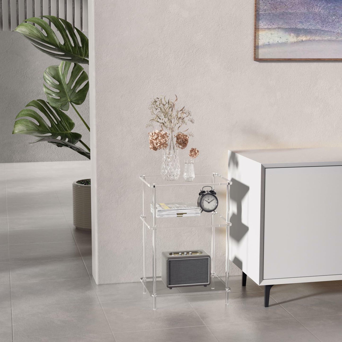 Giznzg Acrylic Side Tables with 3 Shelve,Bedside Table Clear Nightstand for Bedroom Modern End Table for Living Room, Sofa Table, Side Table 15.7" L x11.8 Wx 23.6" H