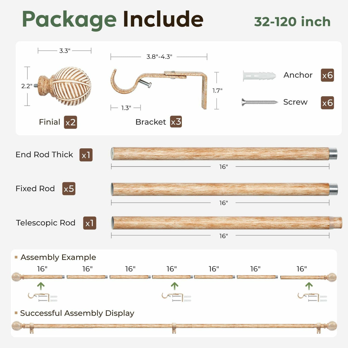 Zeerobee Wood Curtain Rods for Windows 66 to 120, 1 Inch Heavy Duty Drapery Rods with Imitation Wood Grain Leaf Pattern Finials, Indoor/Outdoor Modern Curtain Pole, 32"-120", Brown