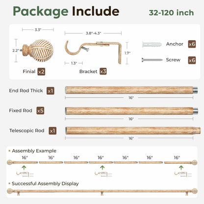 Zeerobee Wood Curtain Rods for Windows 66 to 120, 1 Inch Heavy Duty Drapery Rods with Imitation Wood Grain Leaf Pattern Finials, Indoor/Outdoor Modern Curtain Pole, 32"-120", Brown