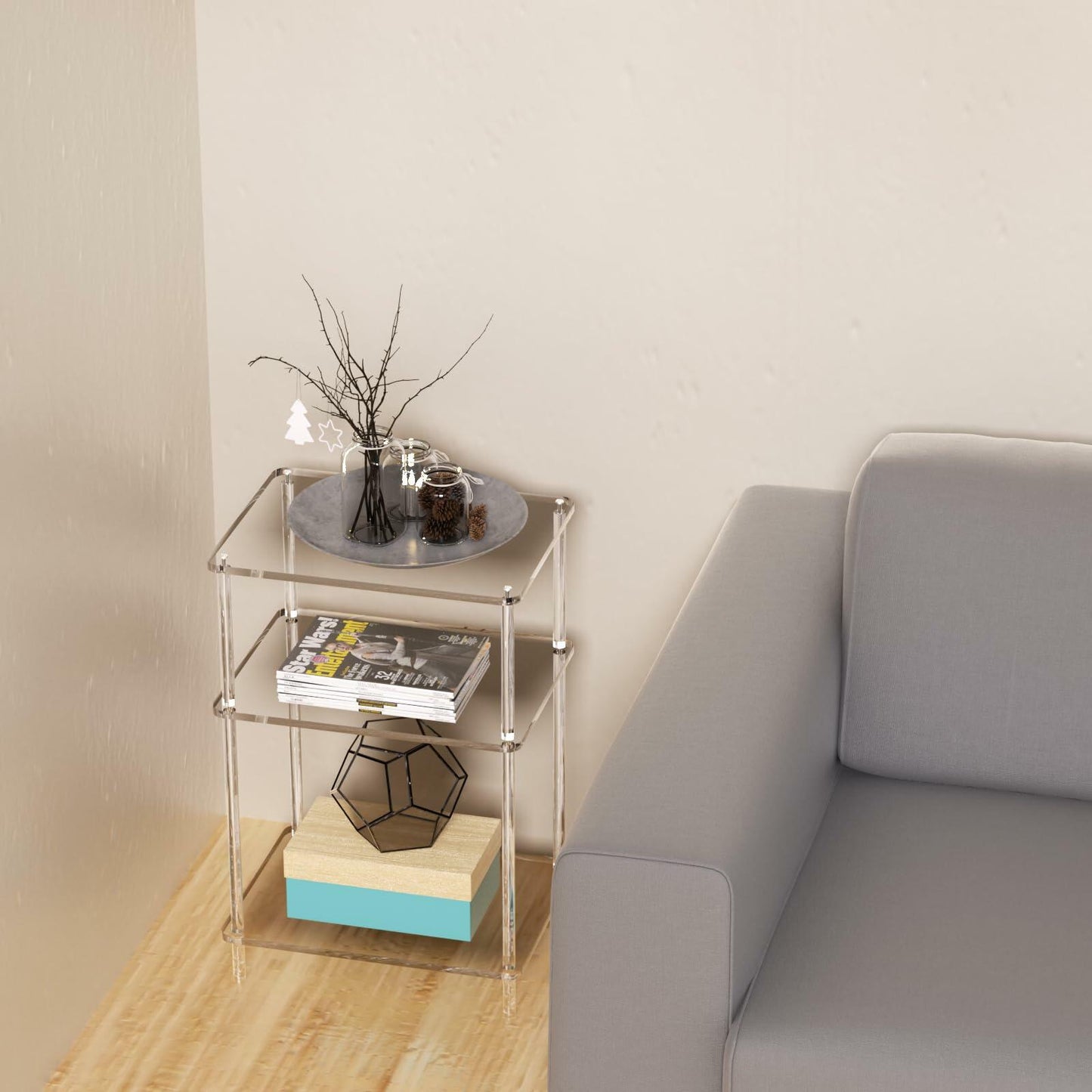 Giznzg Acrylic Side Tables with 3 Shelve,Bedside Table Clear Nightstand for Bedroom Modern End Table for Living Room, Sofa Table, Side Table 15.7" L x11.8 Wx 23.6" H