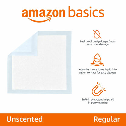 Amazon Basics Dog and Puppy Pee Pads, 5-Layer Leak-Proof Super Absorbent, Quick-Dry Surface, Potty Training, Regular (22x22"), 50 Count, Blue & White