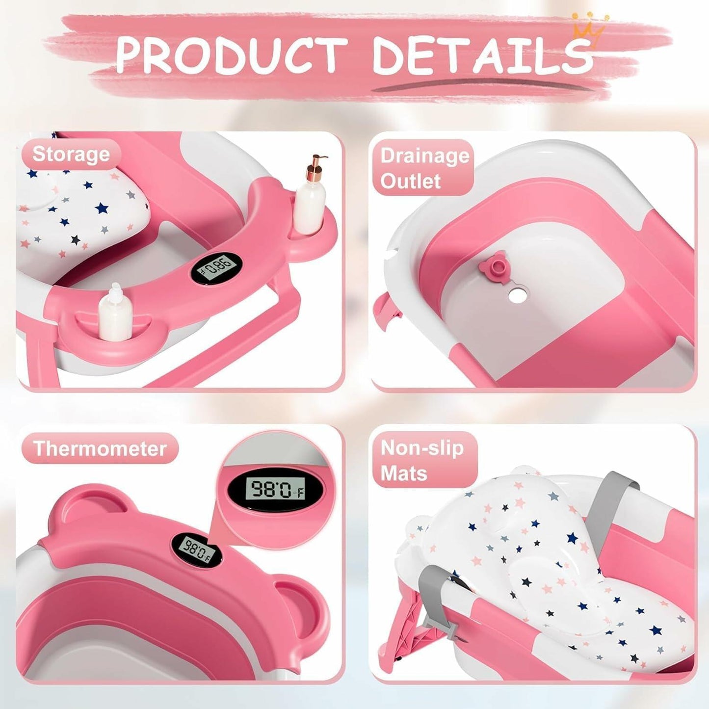 TPN Collapsible Baby Bathtub, Baby Bath Tub with Soft Cushion & Real-Time Thermometer, Baby Bathtub Infant to Toddler Tub (0-36 Months), Portable Travel Baby Tubs for Newborns (Pink)