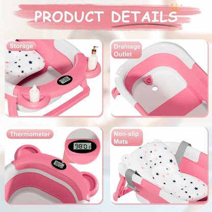 TPN Collapsible Baby Bathtub, Baby Bath Tub with Soft Cushion & Real-Time Thermometer, Baby Bathtub Infant to Toddler Tub (0-36 Months), Portable Travel Baby Tubs for Newborns (Pink)