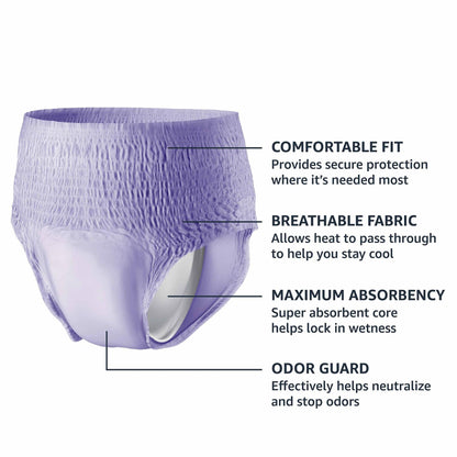 Amazon Basics Incontinence Underwear for Women, Protective, Disposable, Postpartum, Maximum Absorbency, Large, Lavender, 54 Count (3 Packs of 18)