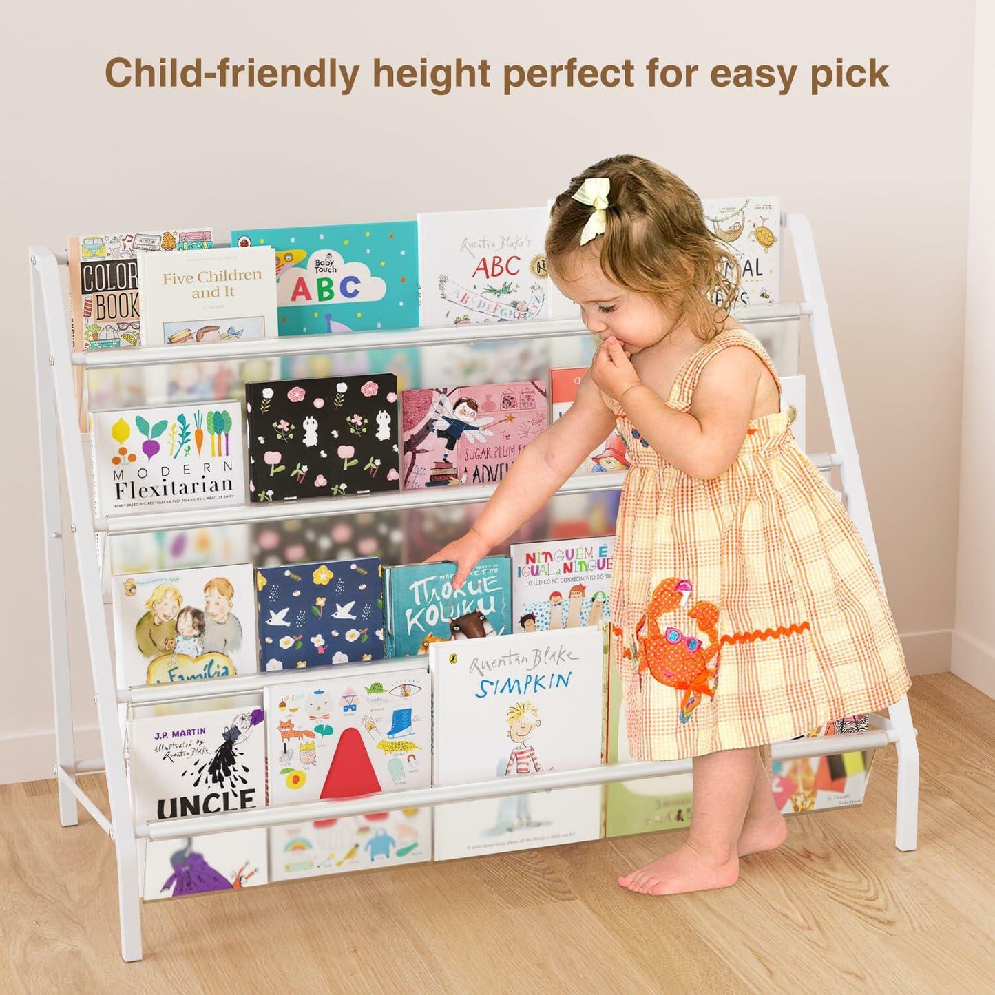 HAVEDAWN High-Transparent 4 Tier Kids Bookshelf, Sturdy Metal Large Size Book Rack Storage for Kids - Toddler Book Shelf Display for Nurasery, Kids Room, Deep Size Bookshelf Hold More Books