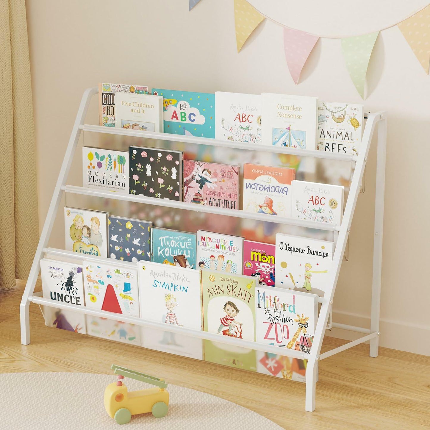 HAVEDAWN High-Transparent 4 Tier Kids Bookshelf, Sturdy Metal Large Size Book Rack Storage for Kids - Toddler Book Shelf Display for Nurasery, Kids Room, Deep Size Bookshelf Hold More Books