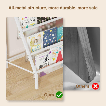 HAVEDAWN High-Transparent 4 Tier Kids Bookshelf, Sturdy Metal Large Size Book Rack Storage for Kids - Toddler Book Shelf Display for Nurasery, Kids Room, Deep Size Bookshelf Hold More Books