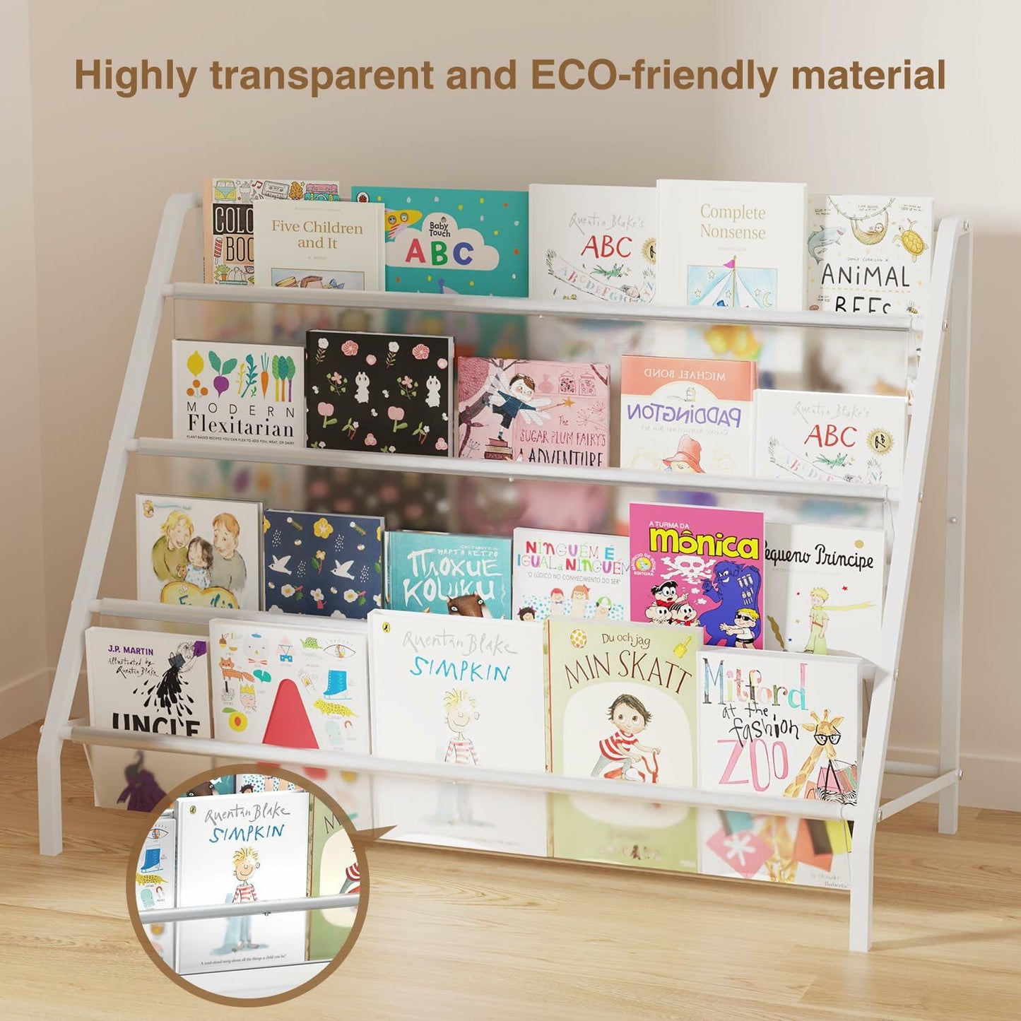 HAVEDAWN High-Transparent 4 Tier Kids Bookshelf, Sturdy Metal Large Size Book Rack Storage for Kids - Toddler Book Shelf Display for Nurasery, Kids Room, Deep Size Bookshelf Hold More Books
