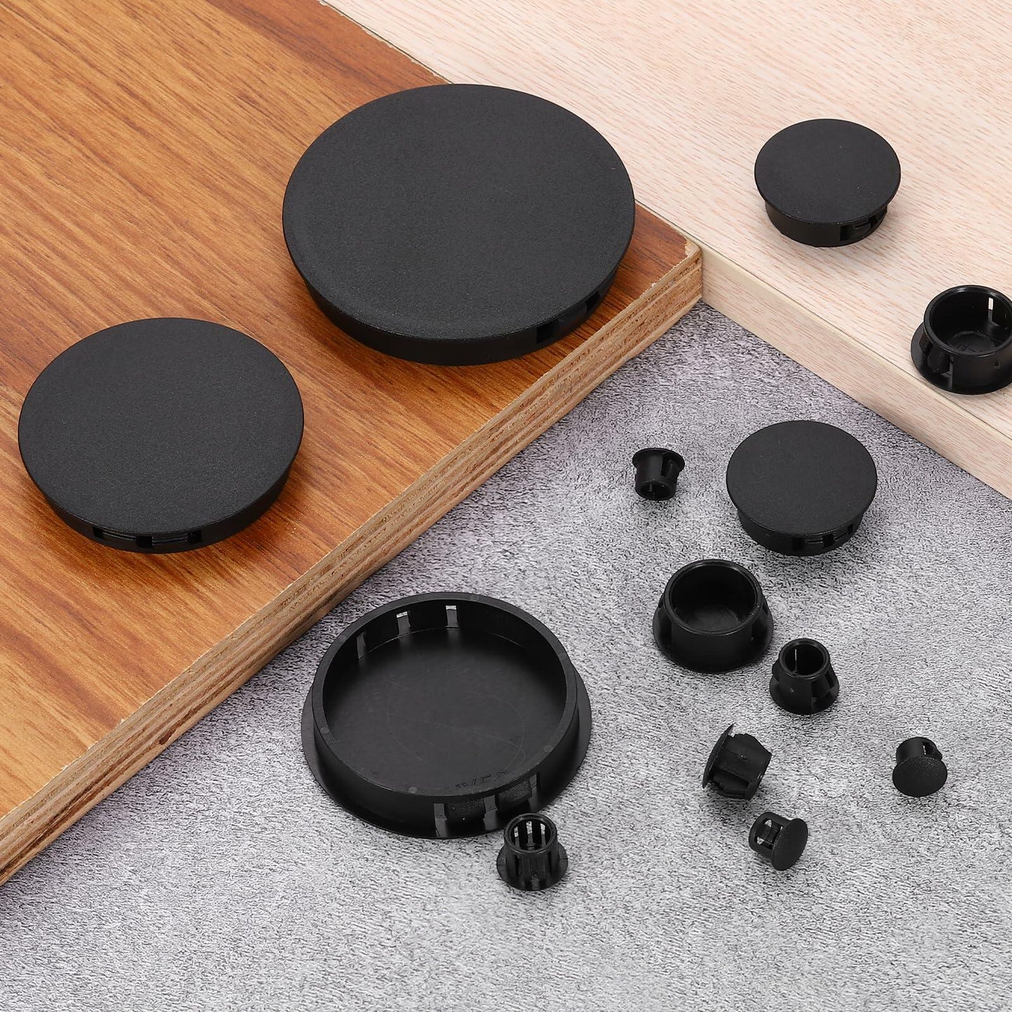 uxcell 4Pcs Plastic Hole Plugs, 55mm(2-3/16") Flush Type Panel Plugs, Round Snap Knockout Locking Plugs for Furniture Insert End Caps Panels, Black