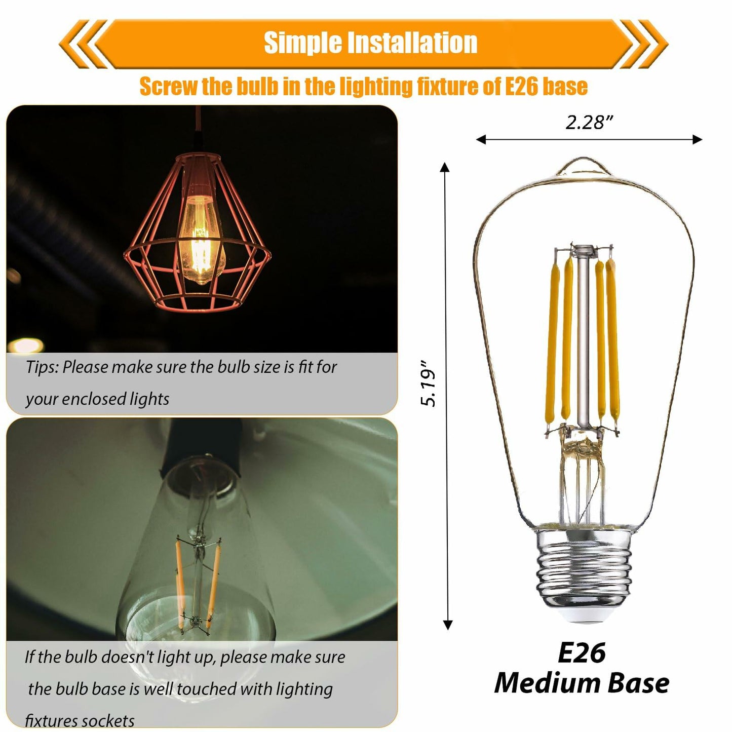 winsaLED LED Light Bulbs 40 Watt Equivalent, 2700K Soft Warm Light Bulbs, 4W LED ST19 Edison Bulbs, 450LM, E26 Medium Base, High CRI 90+, Not Dimmable, Pack of 12