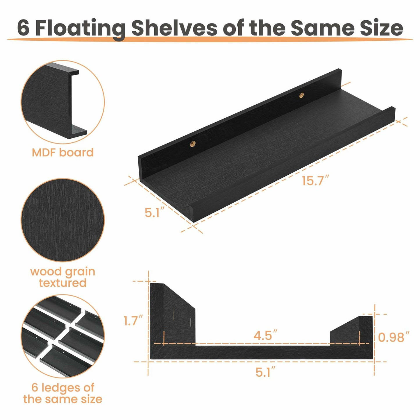 upsimples Floating Shelves for Wall, Wall Shelves for Decor Storage Set of 6, Wall Mounted Wood Shelf for Bedroom, Living Room, Bathroom, Kitchen, Picture Ledge Shelf, Black