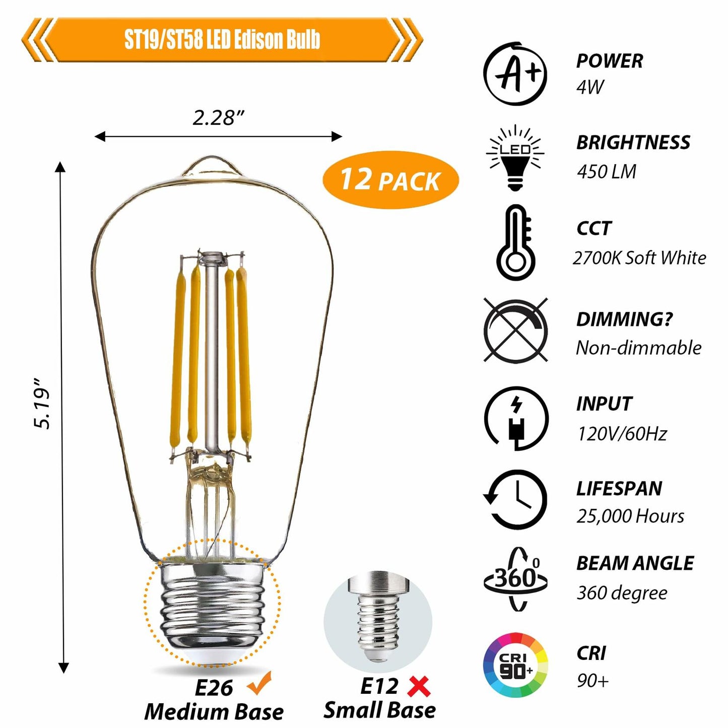 winsaLED LED Light Bulbs 40 Watt Equivalent, 2700K Soft Warm Light Bulbs, 4W LED ST19 Edison Bulbs, 450LM, E26 Medium Base, High CRI 90+, Not Dimmable, Pack of 12