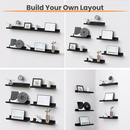 upsimples Floating Shelves for Wall, Wall Shelves for Decor Storage Set of 6, Wall Mounted Wood Shelf for Bedroom, Living Room, Bathroom, Kitchen, Picture Ledge Shelf, Black