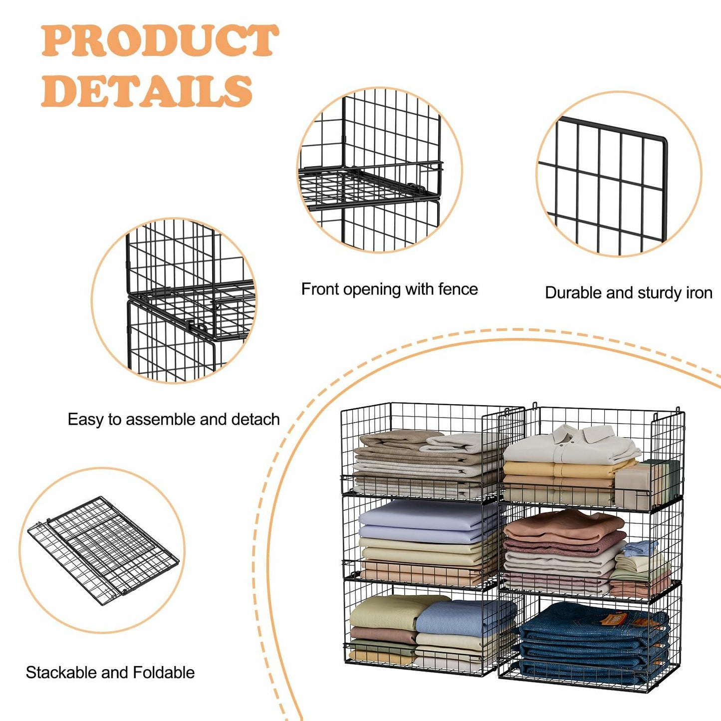 Yociyoga 6-Tier Stackable Closet Organizers and Storage Shelves, Closet Shelf Organizer Basket Bins, Foldable Sweater Storage for Clothes Organizer System, Black（Patent Pending）