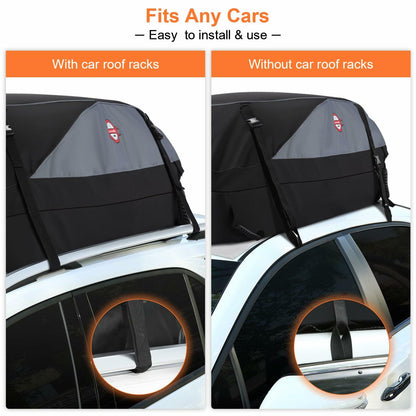 Sailnovo Car Rooftop Cargo Carrier Roof Bag, 15 Cubic feet Waterproof Roof Cargo Carrier fit car with/Without Luggage Rack - Vehicle Soft Shell Roof Cargo Box with Tie-Down Strap, Safety Hook