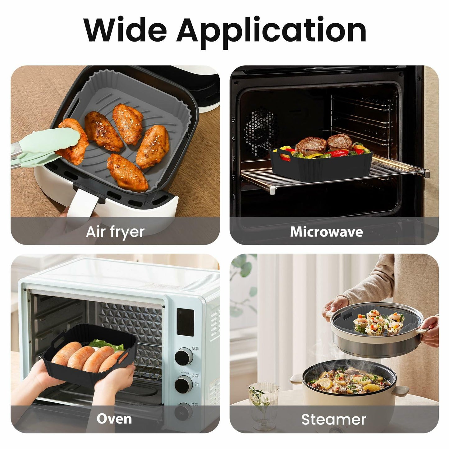 Redfly 2 Pack Silicone Air Fryer Liners, Square Reusable Non-Stick Basket Inserts for 6-8 QT Air Fryers, Dishwasher Safe Parchment Paper Replacement Accessories Gray & Black