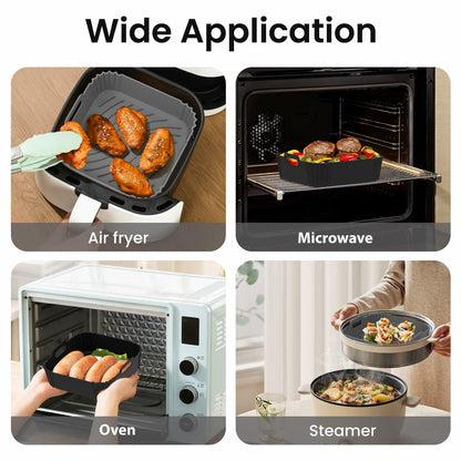 Redfly 2 Pack Silicone Air Fryer Liners, Square Reusable Non-Stick Basket Inserts for 6-8 QT Air Fryers, Dishwasher Safe Parchment Paper Replacement Accessories Gray & Black