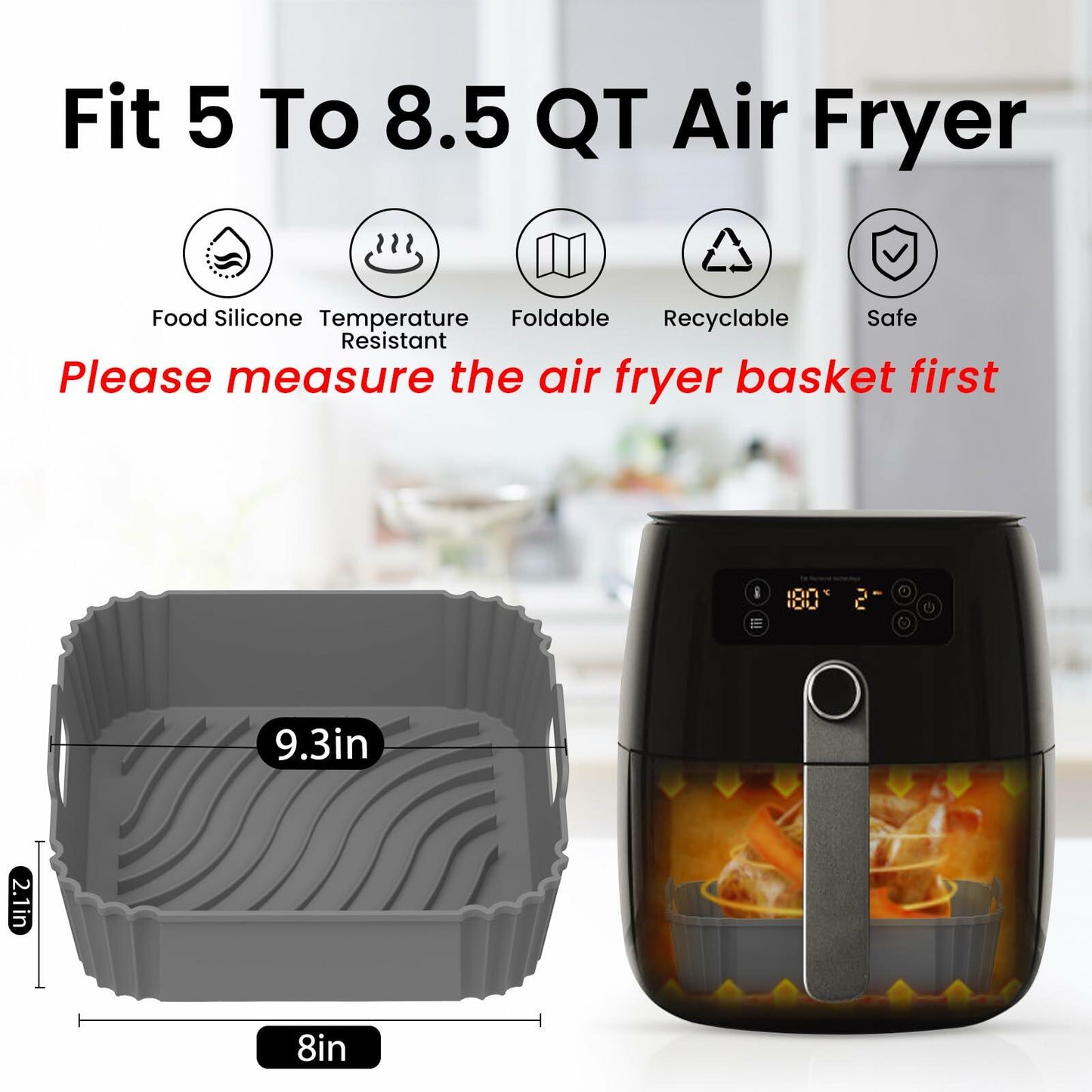 Redfly 2 Pack Silicone Air Fryer Liners, Square Reusable Non-Stick Basket Inserts for 6-8 QT Air Fryers, Dishwasher Safe Parchment Paper Replacement Accessories Gray & Black