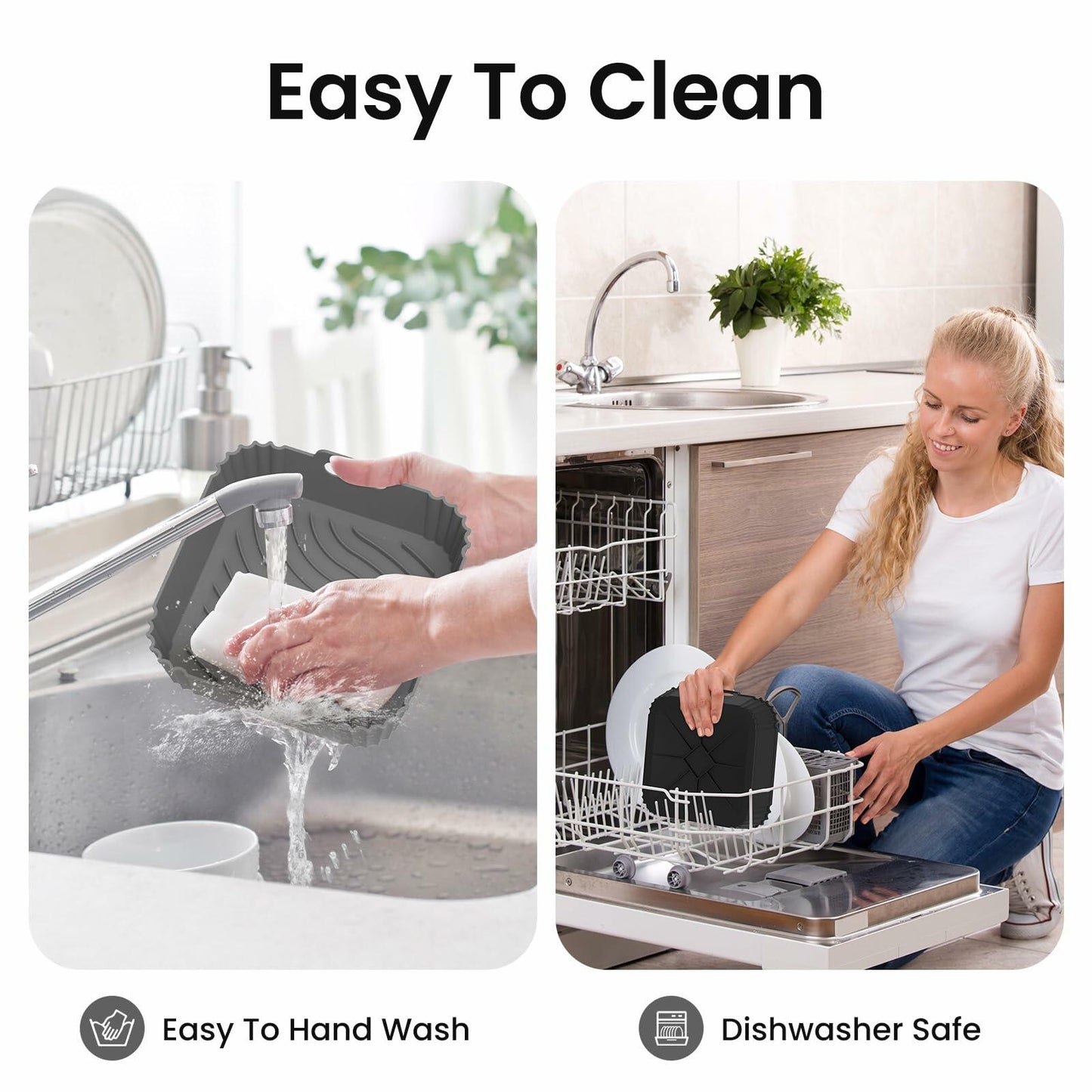 Redfly 2 Pack Silicone Air Fryer Liners, Square Reusable Non-Stick Basket Inserts for 6-8 QT Air Fryers, Dishwasher Safe Parchment Paper Replacement Accessories Gray & Black