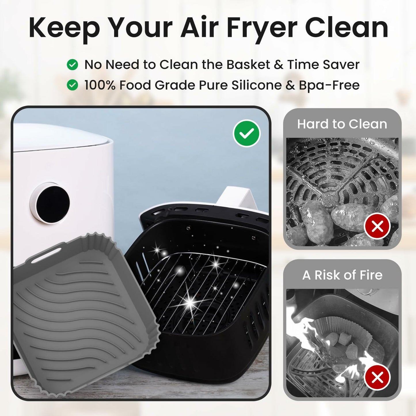 Redfly 2 Pack Silicone Air Fryer Liners, Square Reusable Non-Stick Basket Inserts for 6-8 QT Air Fryers, Dishwasher Safe Parchment Paper Replacement Accessories Gray & Black