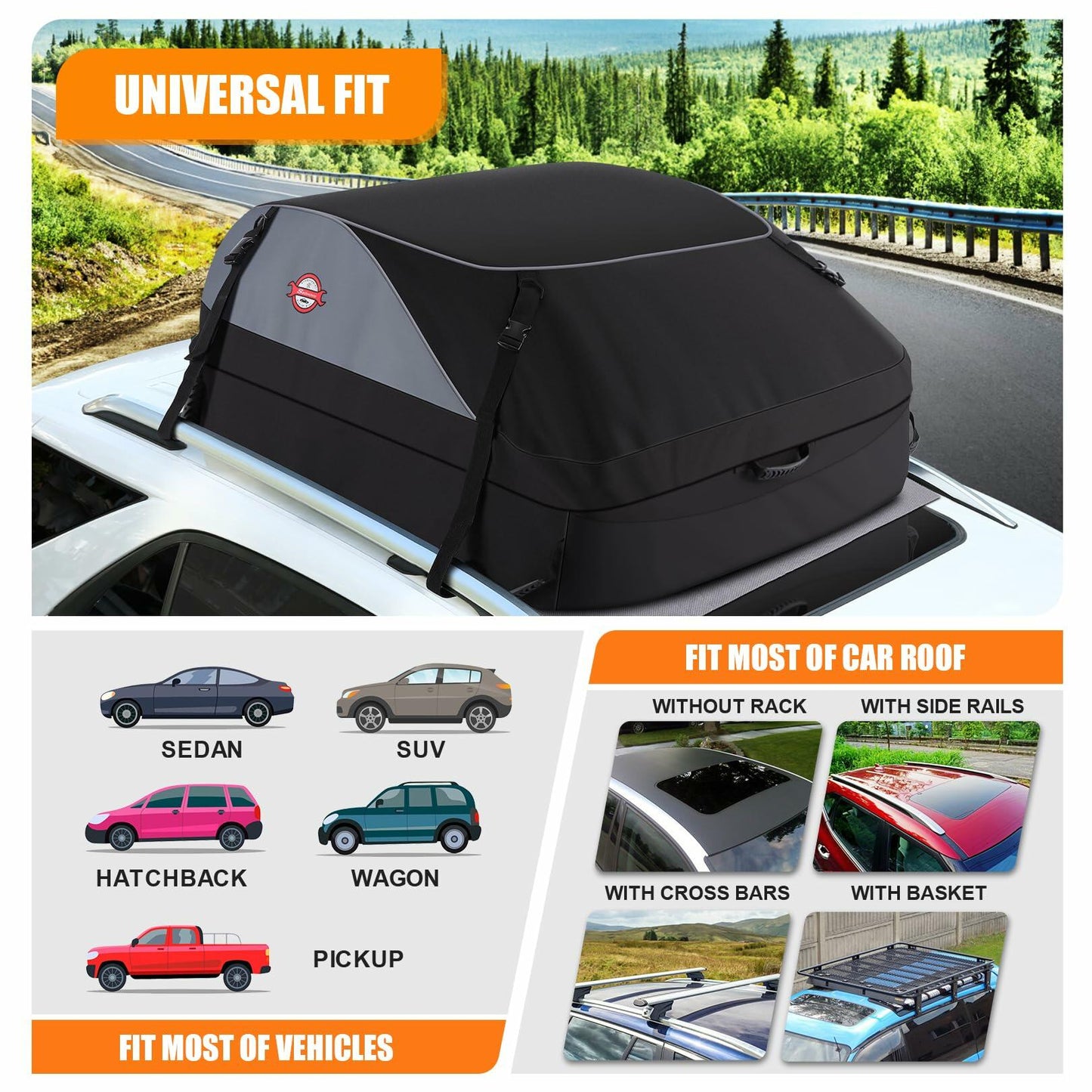 Sailnovo Car Rooftop Cargo Carrier Roof Bag, 15 Cubic feet Waterproof Roof Cargo Carrier fit car with/Without Luggage Rack - Vehicle Soft Shell Roof Cargo Box with Tie-Down Strap, Safety Hook