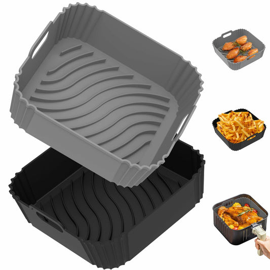 Redfly 2 Pack Silicone Air Fryer Liners, Square Reusable Non-Stick Basket Inserts for 6-8 QT Air Fryers, Dishwasher Safe Parchment Paper Replacement Accessories Gray & Black