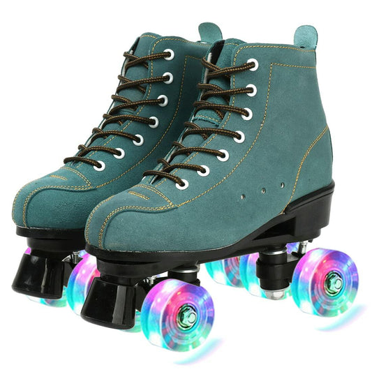 XUDREZ Cowhide Roller Skates for Women and Men High-Top Shoes Double-Row Design,Adjustable Classic Premium Roller Skates (Blue Flash Wheel,7.5)