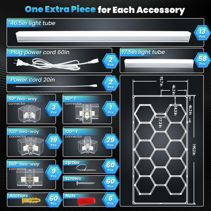 Ultra Bright Hexagon Garage Lights.720W 86400LM 6500K Hexagon LED Light Garages with Rectangle Frame.14 Grid Honeycomb Hex Led Lights System for Garage,Car Detailing Shop, Basement,Warehouse