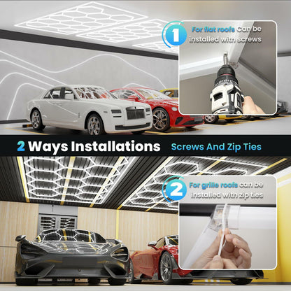 Ultra Bright Hexagon Garage Lights.720W 86400LM 6500K Hexagon LED Light Garages with Rectangle Frame.14 Grid Honeycomb Hex Led Lights System for Garage,Car Detailing Shop, Basement,Warehouse