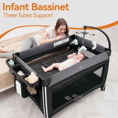 Pamo Babe 4 in 1 Portable Baby Crib Deluxe Nursery Center, Foldable Travel Playard with Bassinet, Mattress, Changing Table for Newborn, Infant, Toddler(Grey)