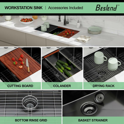 33 Inch Black Undermount Workstation Kitchen Sink -Beslend Stainless Steel Gunmetal NANO-PVD Black Sinks 16 Gauge Deep Single Bowl Ledge Round Corner Basin 33”x19”x10”
