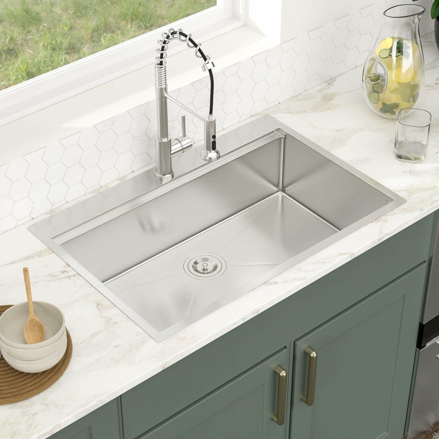 Logmey 33x19 Drop In Kitchen Sink 33 Inch Stainless Steel Workstation Sinks SUS304 16 Gauge Topmount Ledge Single Bowl Overmount Kitchen Sinks 33x19x9