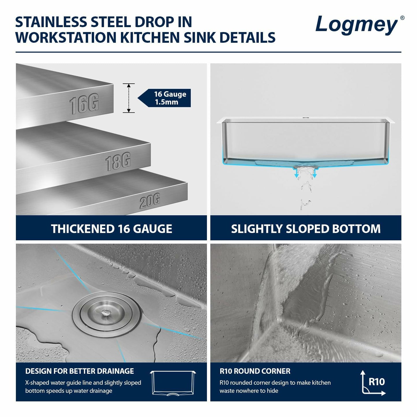 Logmey 33x19 Drop In Kitchen Sink 33 Inch Stainless Steel Workstation Sinks SUS304 16 Gauge Topmount Ledge Single Bowl Overmount Kitchen Sinks 33x19x9