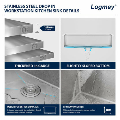 Logmey 33x19 Drop In Kitchen Sink 33 Inch Stainless Steel Workstation Sinks SUS304 16 Gauge Topmount Ledge Single Bowl Overmount Kitchen Sinks 33x19x9