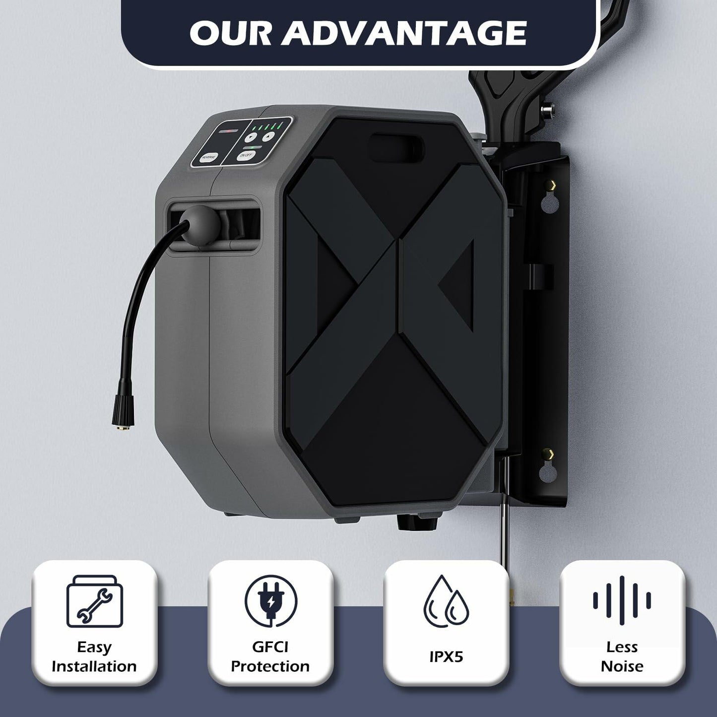 WISSIPRO Electric Wall Mounted Power Washer -5000PSI 3.4GPM Adjustable Pressure Washer, Power Washer with GFCI Power Cord 100FT Retractable Hose and 1L Foam Canno for Cars, Driveways, Patios