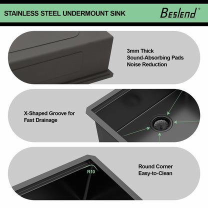 33 Inch Black Undermount Workstation Kitchen Sink -Beslend Stainless Steel Gunmetal NANO-PVD Black Sinks 16 Gauge Deep Single Bowl Ledge Round Corner Basin 33”x19”x10”