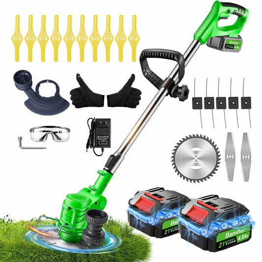 Electric Weed Wacker Cordless, 21V Battery Powered Weed Wacker Eater with Wheels and 2pcs 4.0ah Batteries, 4 Types Blades,4 in 1 String Grass Trimmer/Edger/Brush Cutter (Light Green)