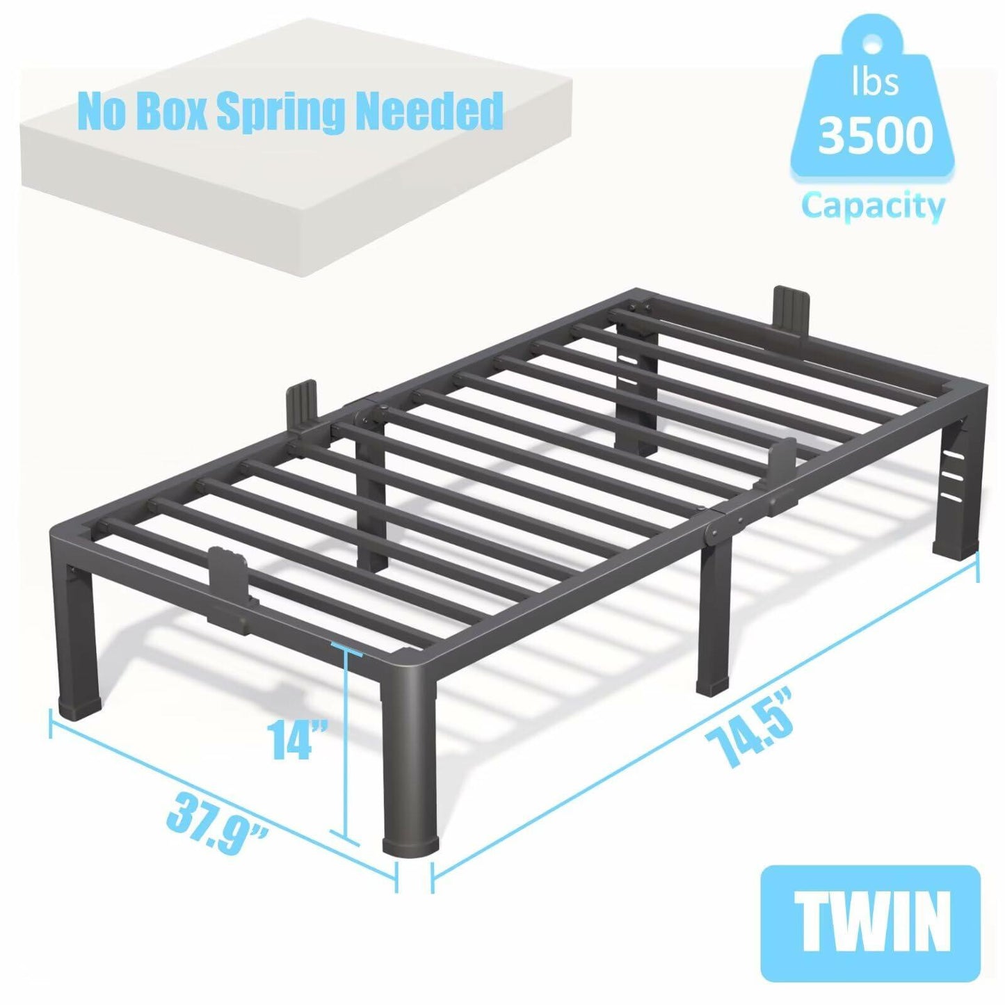 FUIOBYVV 14 Inch Twin Bed Frame with Rounded Corner and Headboard Hole Mattress Retainers 3500 LBS Metal Heavy Duty Steel Slats Support No Box Spring Needed Platform Noise Free Easy Assembly
