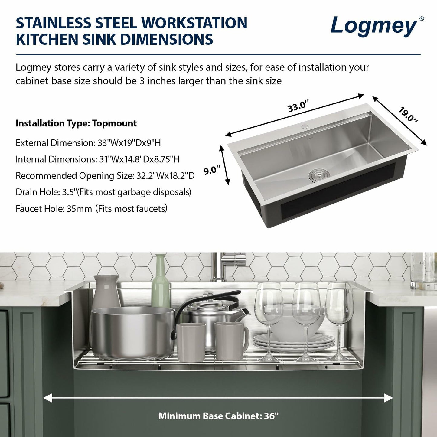 Logmey 33x19 Drop In Kitchen Sink 33 Inch Stainless Steel Workstation Sinks SUS304 16 Gauge Topmount Ledge Single Bowl Overmount Kitchen Sinks 33x19x9